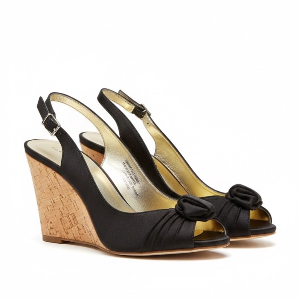 Y2K ROBERTO VIANNI Black Peep Toe Cork Wedge Slingback Sandals Women's Size 37